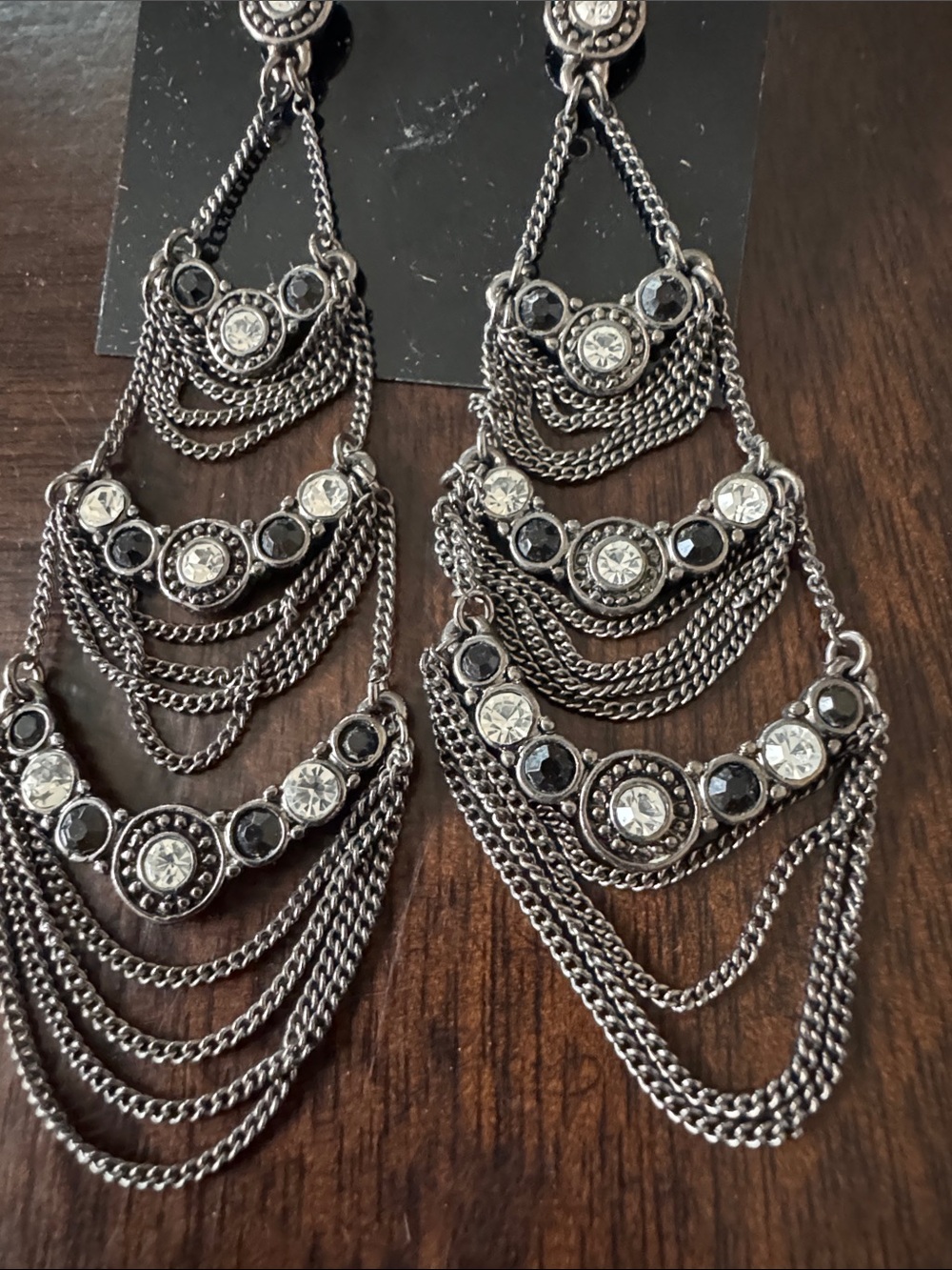 Gunmetal Multi-Chain Chandelier Earrings with Clear Crystal Accents